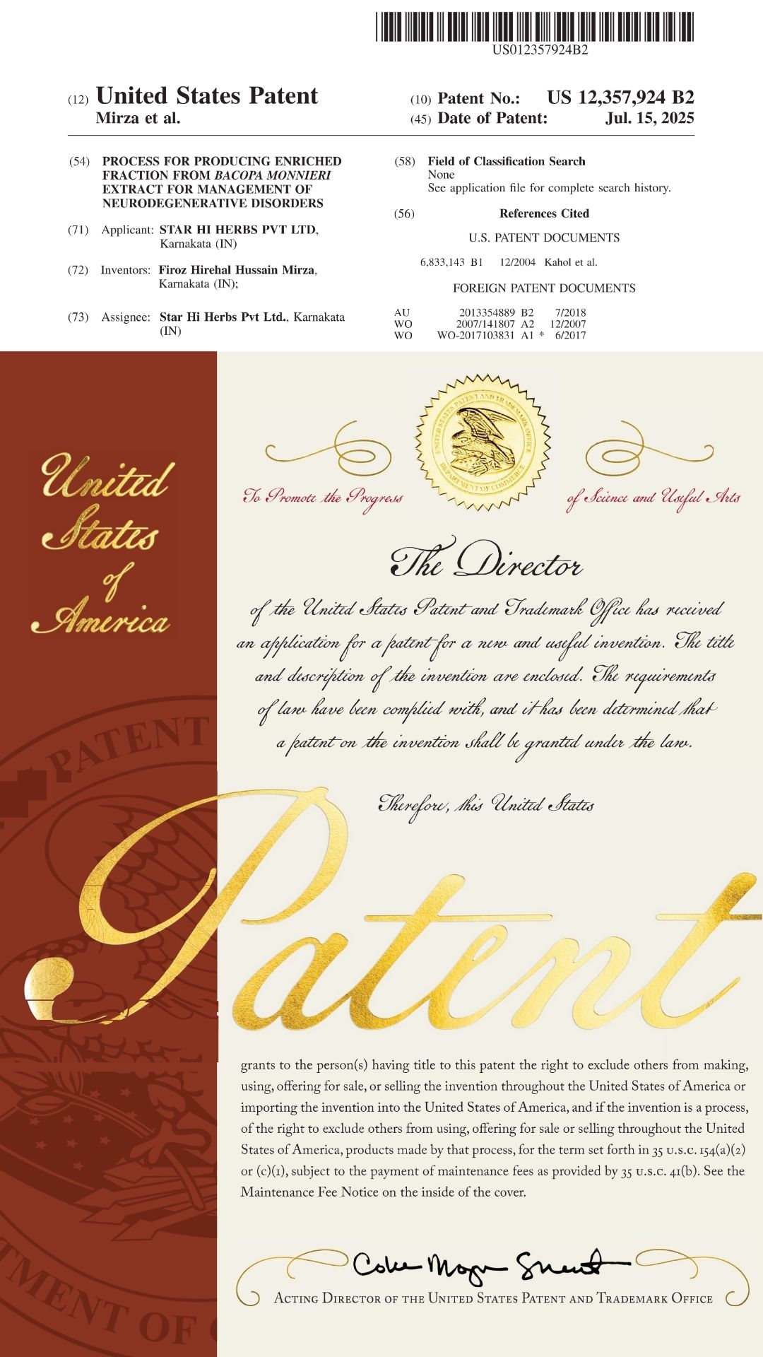 Star Hi Herbs Granted US Patent for Bacosane® Innovation